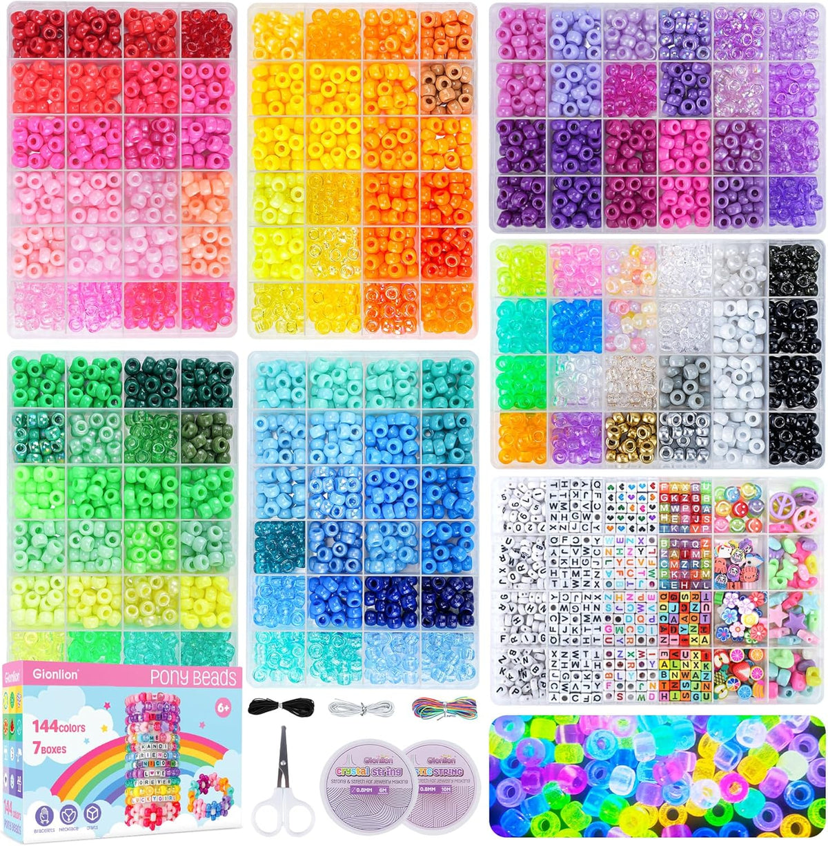Gionlion - Kit de 7 cajas de 144 colores, 5000 cuentas de poni Kandi Rave | Kit de pulsera de la amistad de caramelo de 0.236 x 0.354 in con 800 cuentas de letras para bricolaje, llaveros