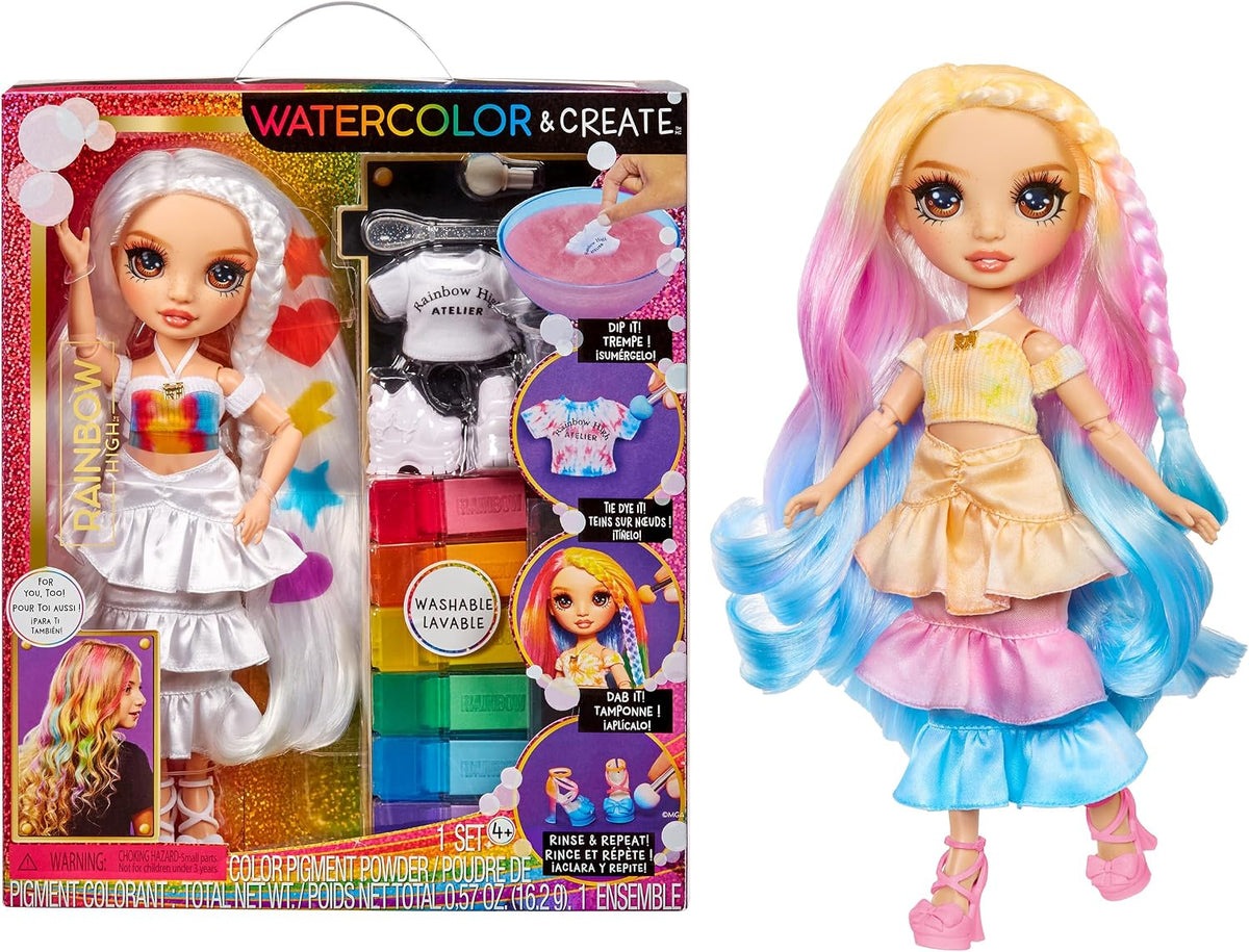 Rainbow High Muñeca de moda DIY para crear y colorear con acuarelas lavables + kit de teñido anudado, ojos marrones, cabello rizado, top y zapatos extra. Colorea, crea, juega, enjuaga y repite