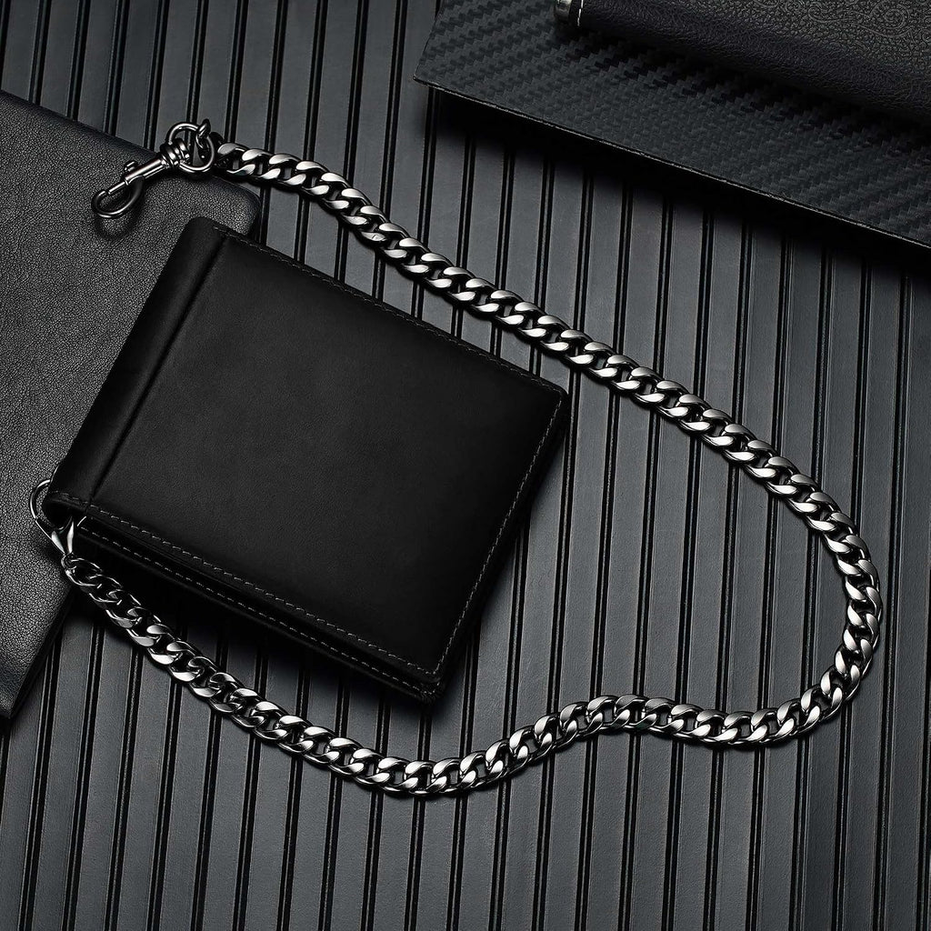Billetera de Cuero Genuine con Cadena para Hombres: Billetera RFID con Cadena Antirrobo