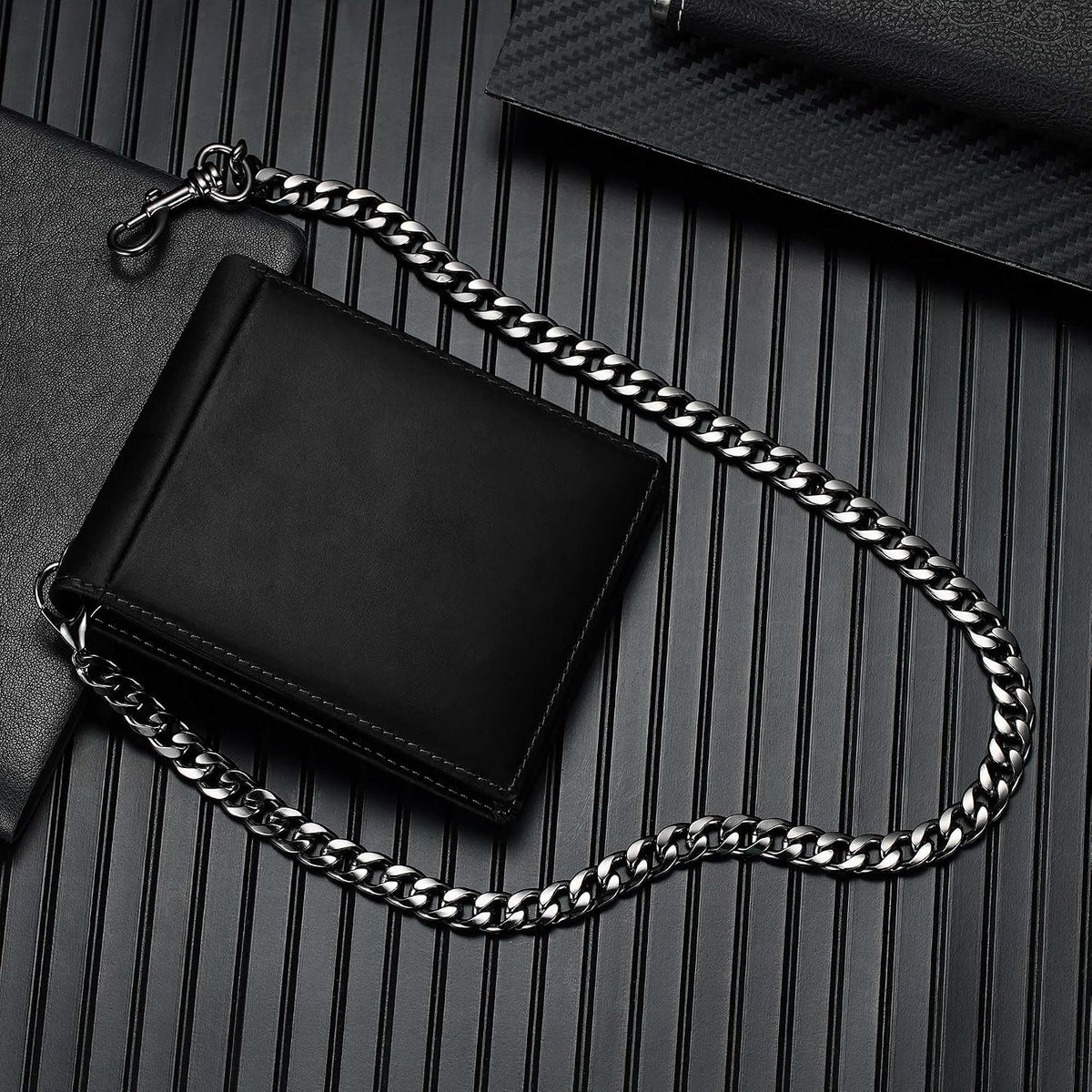 Billetera de Cuero Genuine con Cadena para Hombres: Billetera RFID con Cadena Antirrobo