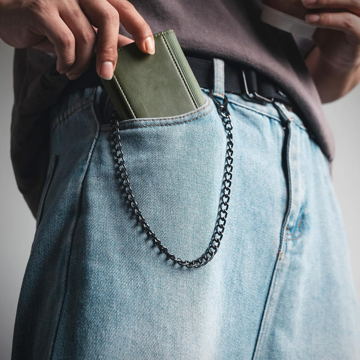 VULKIT Billetera para hombre con cadena antirrobo con bloqueo RFID, billetera triple plegable, diseño elegante, Verde militar, Cartera antirrobo