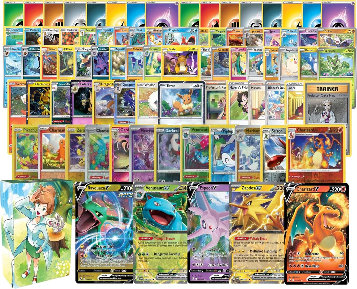 Pokemon: Paquete de 100 cartas surtidas – con láminas y 5 variedades ultra raras (V, GX, EX) – Caja oficial de cartas coleccionables de Pokémon incluida