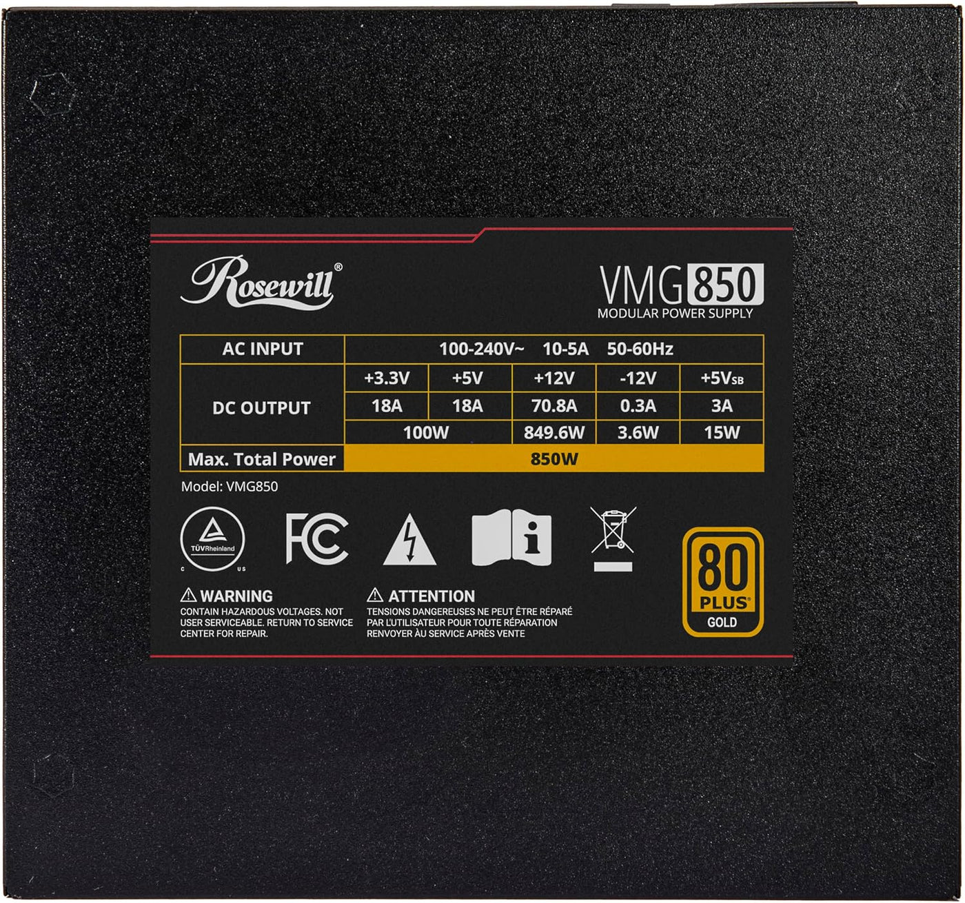 Rosewill VMG 850W 80+ Gold, Compatible con ATX 3.0 y 3.1, Fuente de...