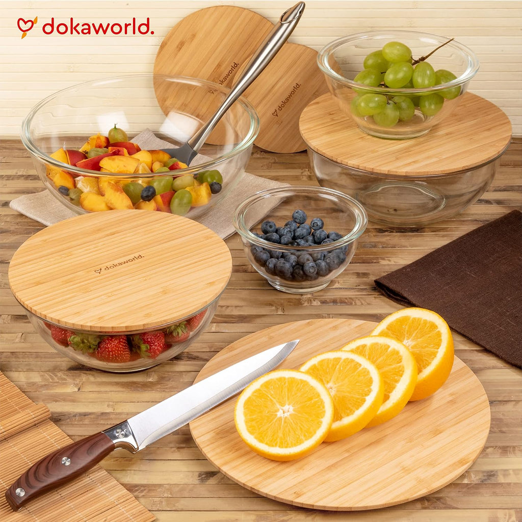Juego apilable de 5 cuencos de vidrio anidados para ahorrar espacio con tapas de bambú para preparación de alimentos, almacenamiento, horneado, mezcla y cocina, aptos para microondas y horno