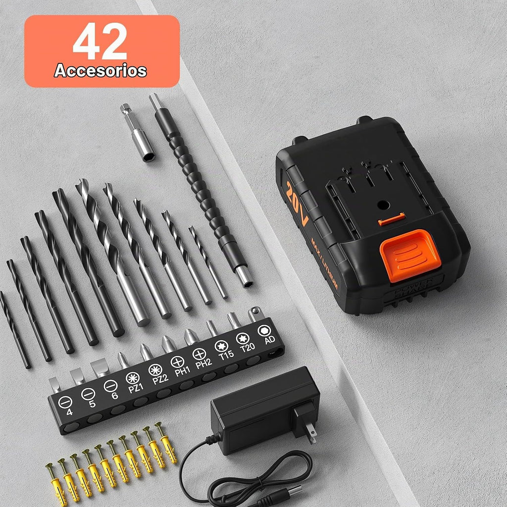 Juego de brocas inalámbricas, taladro eléctrico de 20 V con paquete de potencia de 2.0 Ah y cargador, taladro eléctrico de portabrocas sin llave de 3/8 pulgadas, posición 25+1