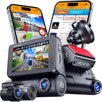 ROVE R3 Dash Cam delantera y trasera con cabina, pantalla táctil IPS de 3 pulgadas, cámara de tablero de 3 canales 1440P+1080P+1080P, visión nocturna IR, WiFi de 5 GHz, velocidad de descarga de hasta