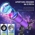 Telescopio, telescopio para adultos y niños y principiantes de astronomía, 3.150 in de apertura de 23.622 in telescopios refractores portátiles FMC óptica con trípode de montaje AZ