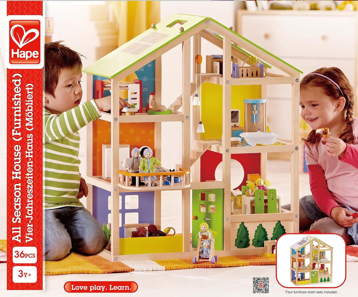 Casa de muñecas de madera "All seasons" amoblada con accesorios para niños de Hape