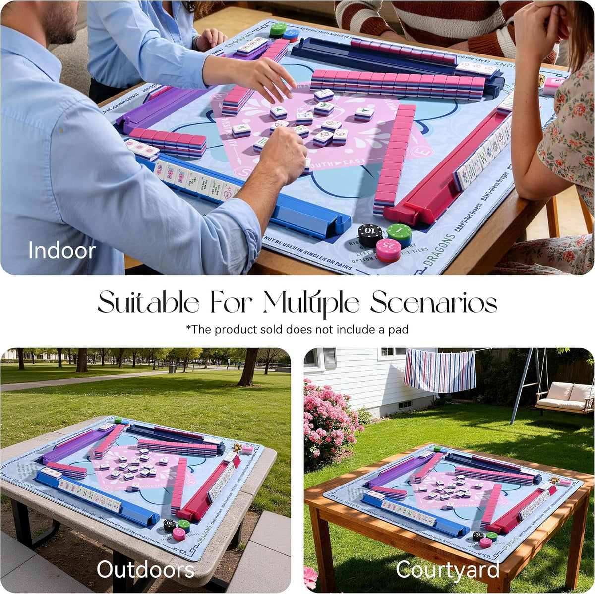 American Love Pink Mahjong Set - 160 azulejos acrílicos de alta calidad, diseño de corazón de 4 capas, 4 estantes y empujadores todo en uno, 100 fichas, 3 dados dorados