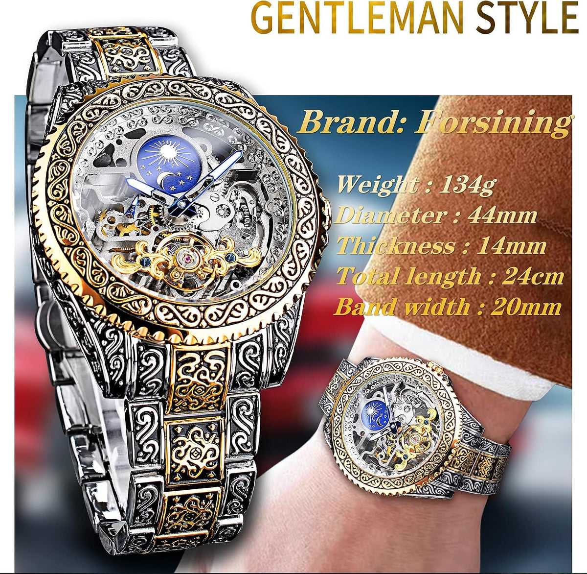 FORSINING Reloj retro para hombre, tallado, automático, mecánico, tatuaje, tourbillon, fase lunar, segundos independientes, esqueleto automático, esfera grande, relojes de pulsera