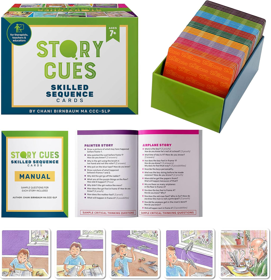 Story Cues and Story Cues - Paquete de 2 tarjetas de secuenciación de nivel superior, materiales de terapia del habla, juego de habilidades sociales, creación de oraciones y tarjetas con