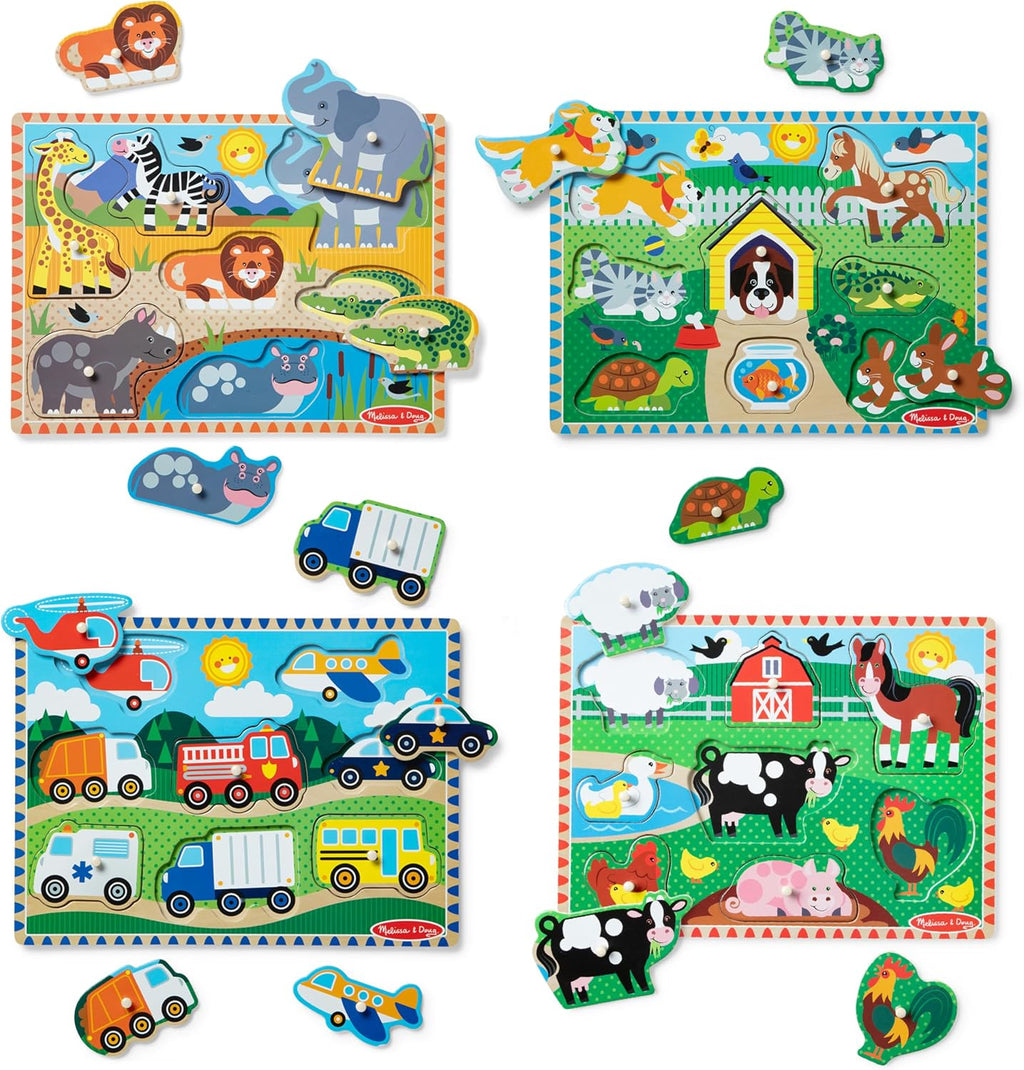 Melissa & Doug Juego de rompecabezas de clavijas de madera, paquete de 4 temas de vehículos, granja, safari y animales de mascotas, rompecabezas educativos para niños pequeños y preescolares a partir de 2 años