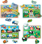 Melissa & Doug Juego de rompecabezas de clavijas de madera, paquete de 4 temas de vehículos, granja, safari y animales de mascotas, rompecabezas educativos para niños pequeños y preescolares a partir de 2 años