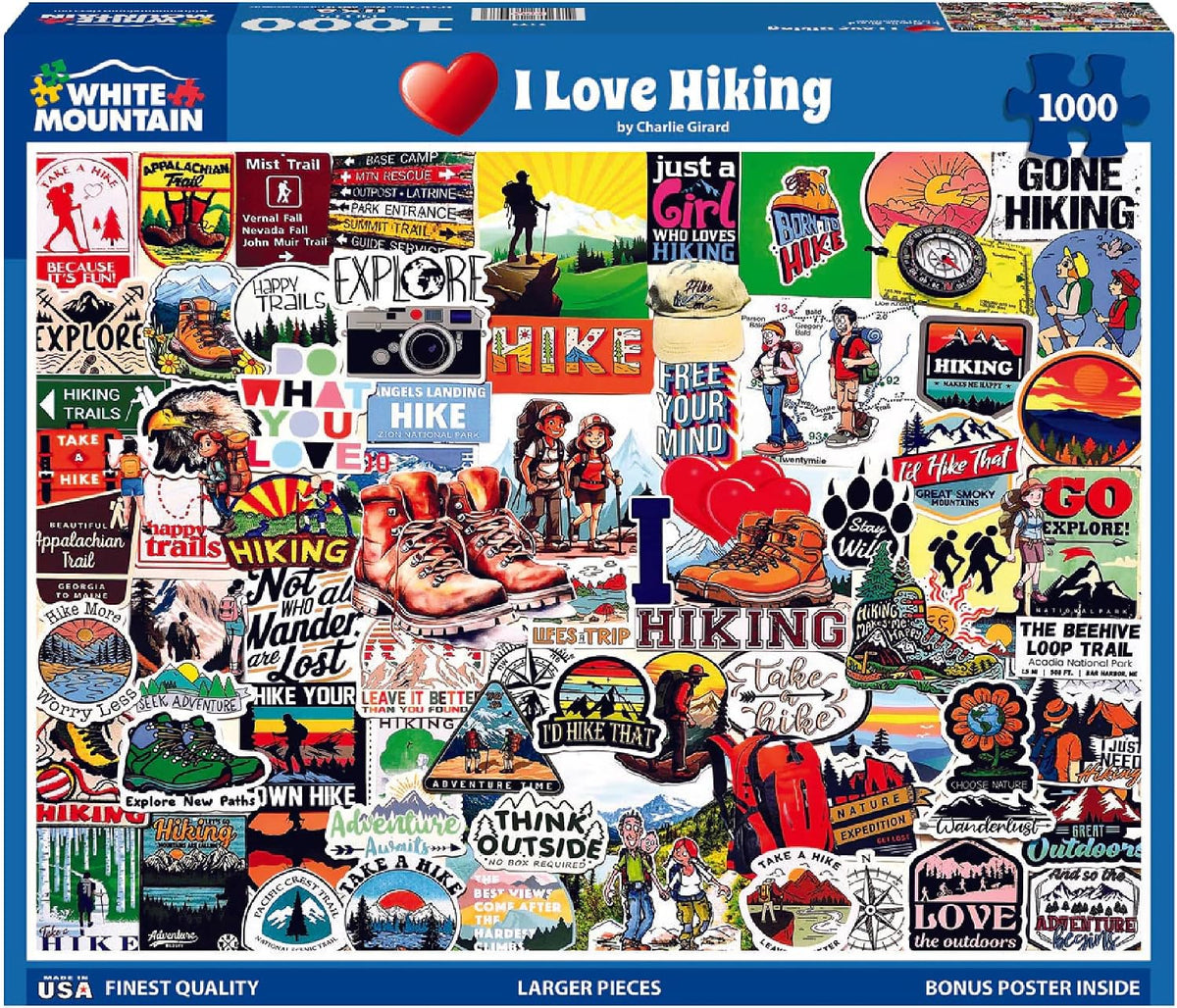 White Mountain Rompecabezas de 1000 piezas para exteriores, collage de naturaleza, con piezas grandes, regalo para adultos y familia, de 24 x 30 pulgadas, I Love Hiking