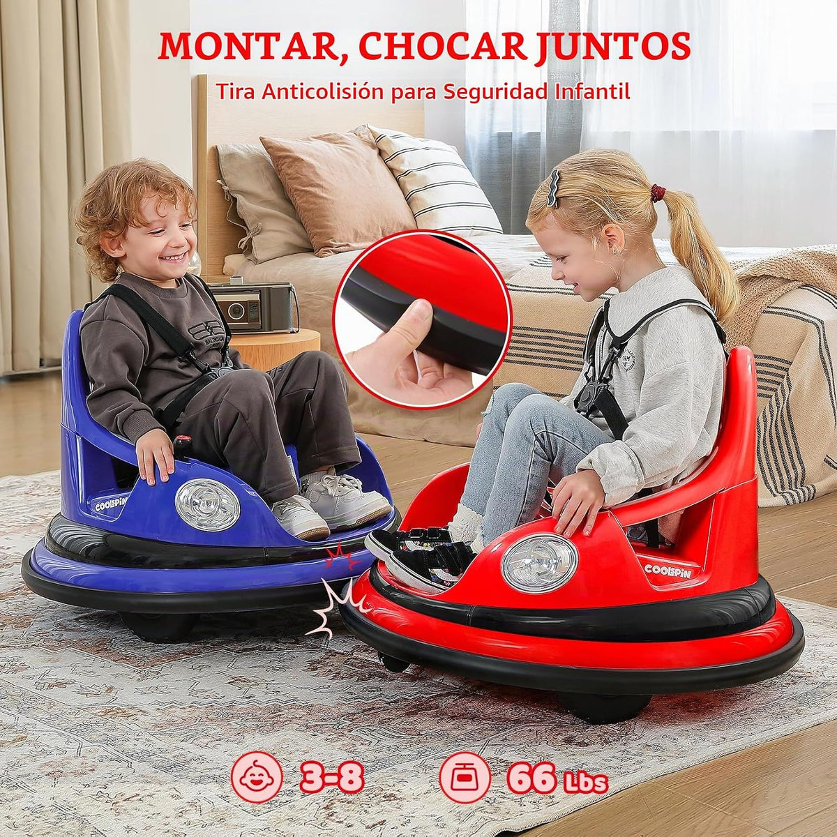 Coche chocón para niños, 3.1 km/h máx, coche eléctrico de 12 V para niños pequeños, coche de choque con giro de 360° y música, 5 modos de iluminación, calcomanías DIY, coche de montar con