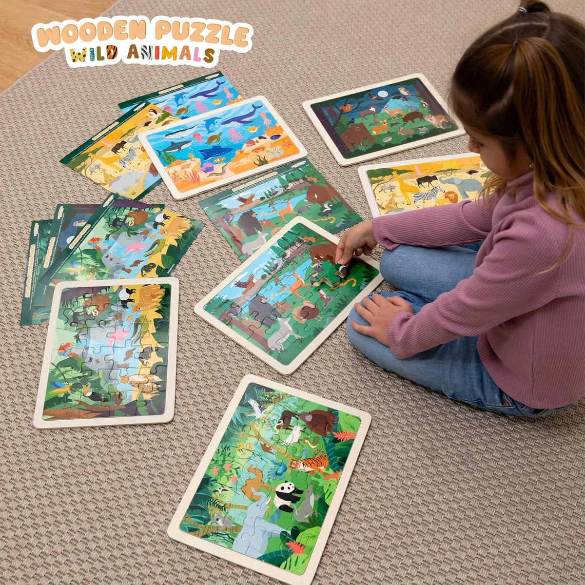 BONNYCO Rompecabezas de madera para niños de 4 a 6 años y 3 a 5 años. Juego de 6 rompecabezas de 24 piezas con tablero, animales de diversos ecosistemas. Juguetes educativos, regalos de aprendizaje