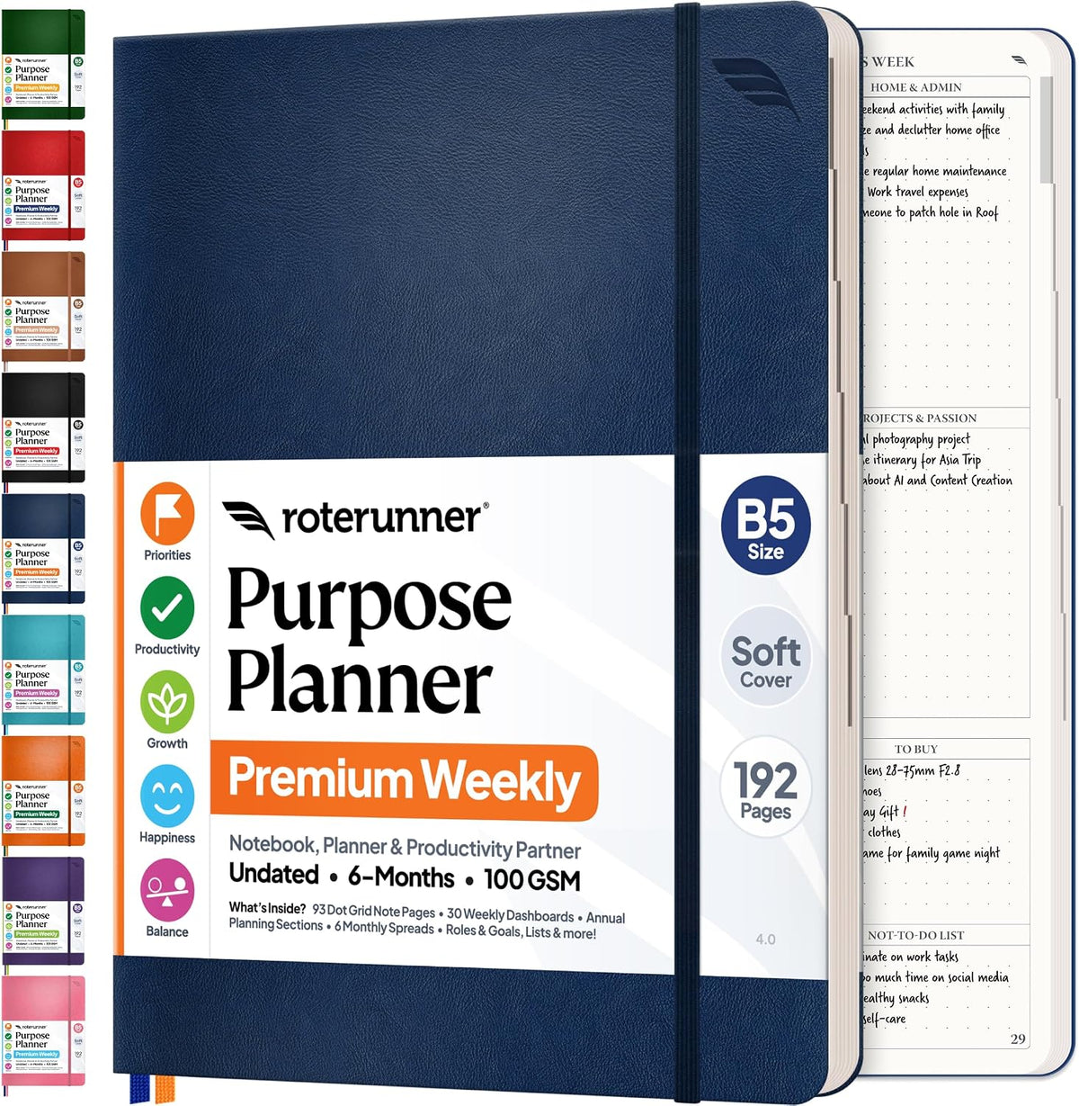 Agenda B5 de 7.5 x 9.8 pulgadas, sin fecha, 2026, diario, semanal y mensual, herramienta de fijación de objetivos de productividad para el trabajo, hogar, agenda de TDAH para adultos