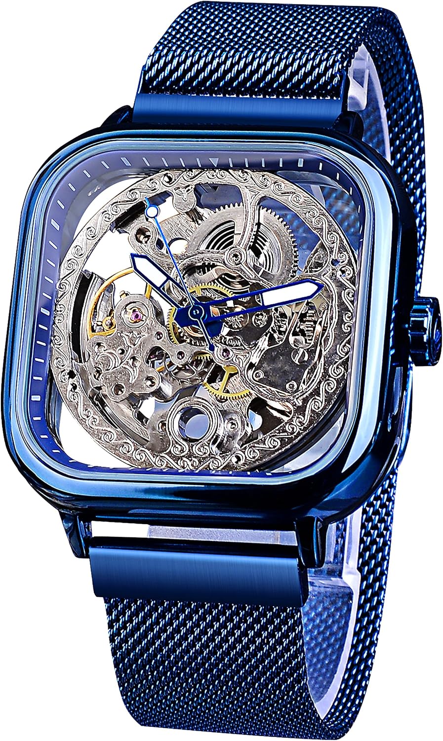 FORSINING Relojes automáticos Reloj de pulsera mecánico dorado para hombre Relojes de esqueleto con esfera transparente de acero inoxidable con movimiento de flor real talla