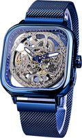 FORSINING Relojes automáticos Reloj de pulsera mecánico dorado para hombre Relojes de esqueleto con esfera transparente de acero inoxidable con movimiento de flor real talla