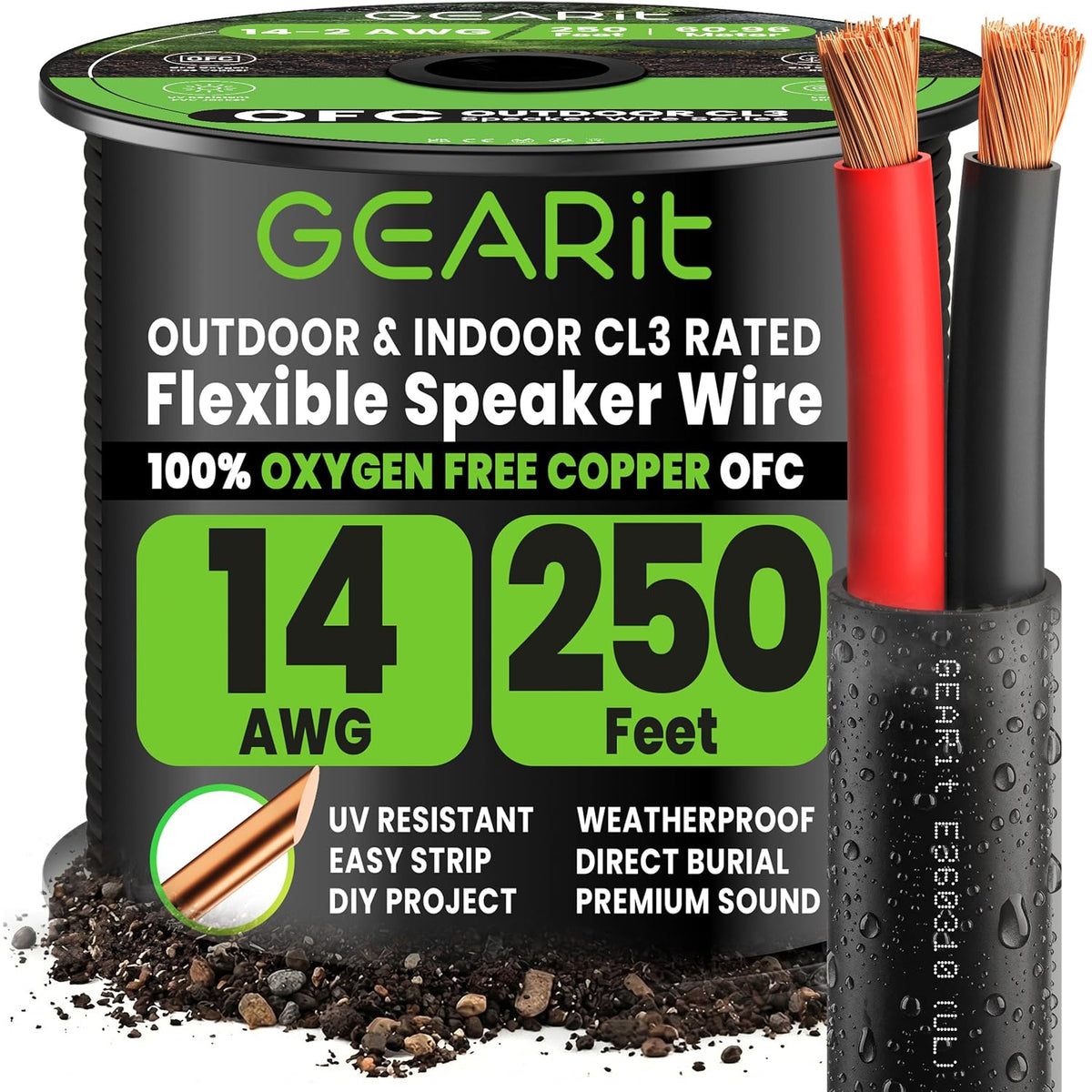 GEARit - Cable para parlante, calibre 14, cable negro de 250 ft, con