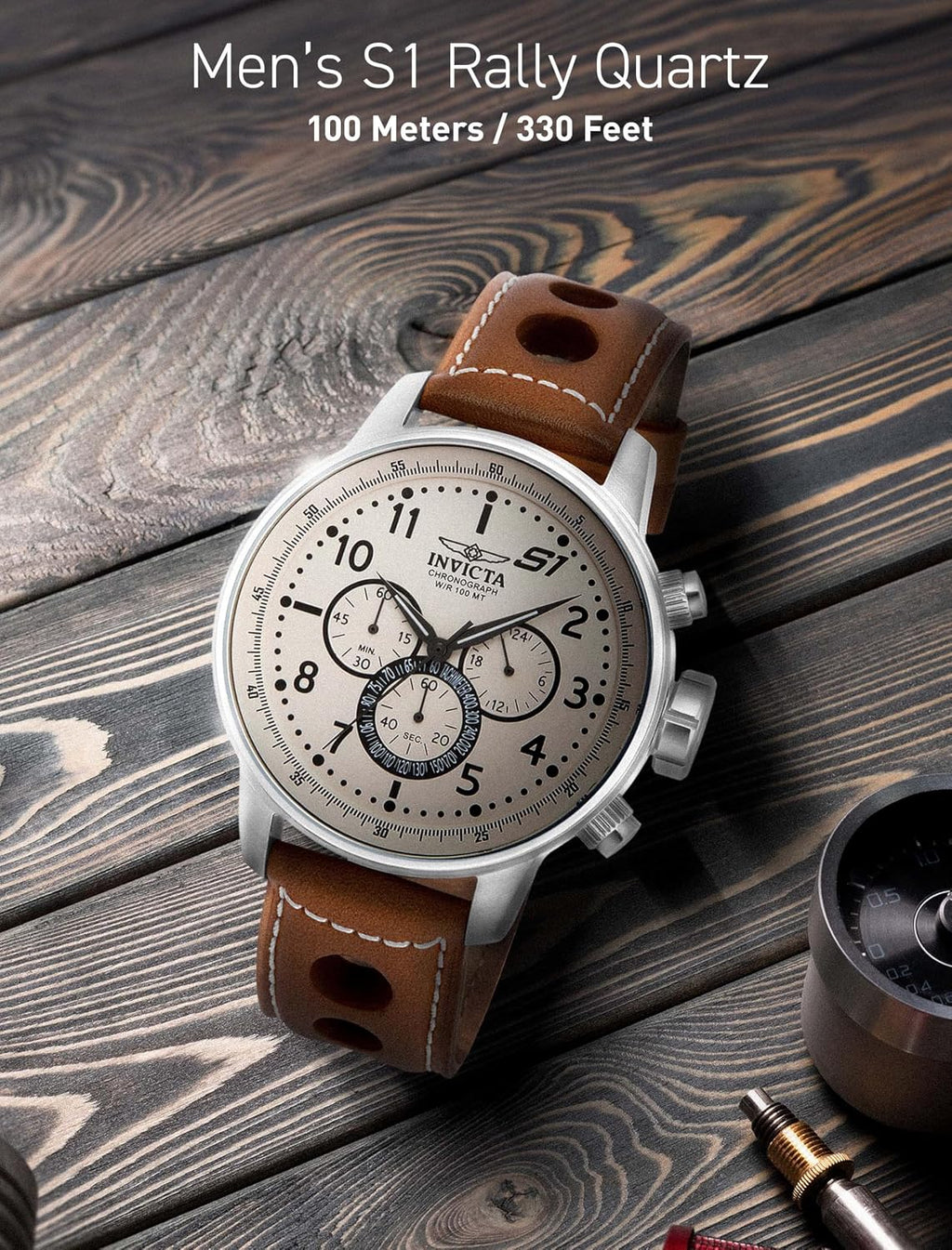 Reloj cronógrafo Invicta Rally S1 para hombre, de acero inoxidable, con correa de cuero marrón