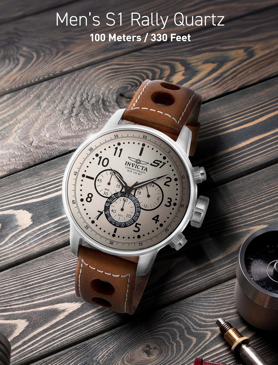 Reloj cronógrafo Invicta Rally S1 para hombre, de acero inoxidable, con correa de cuero marrón