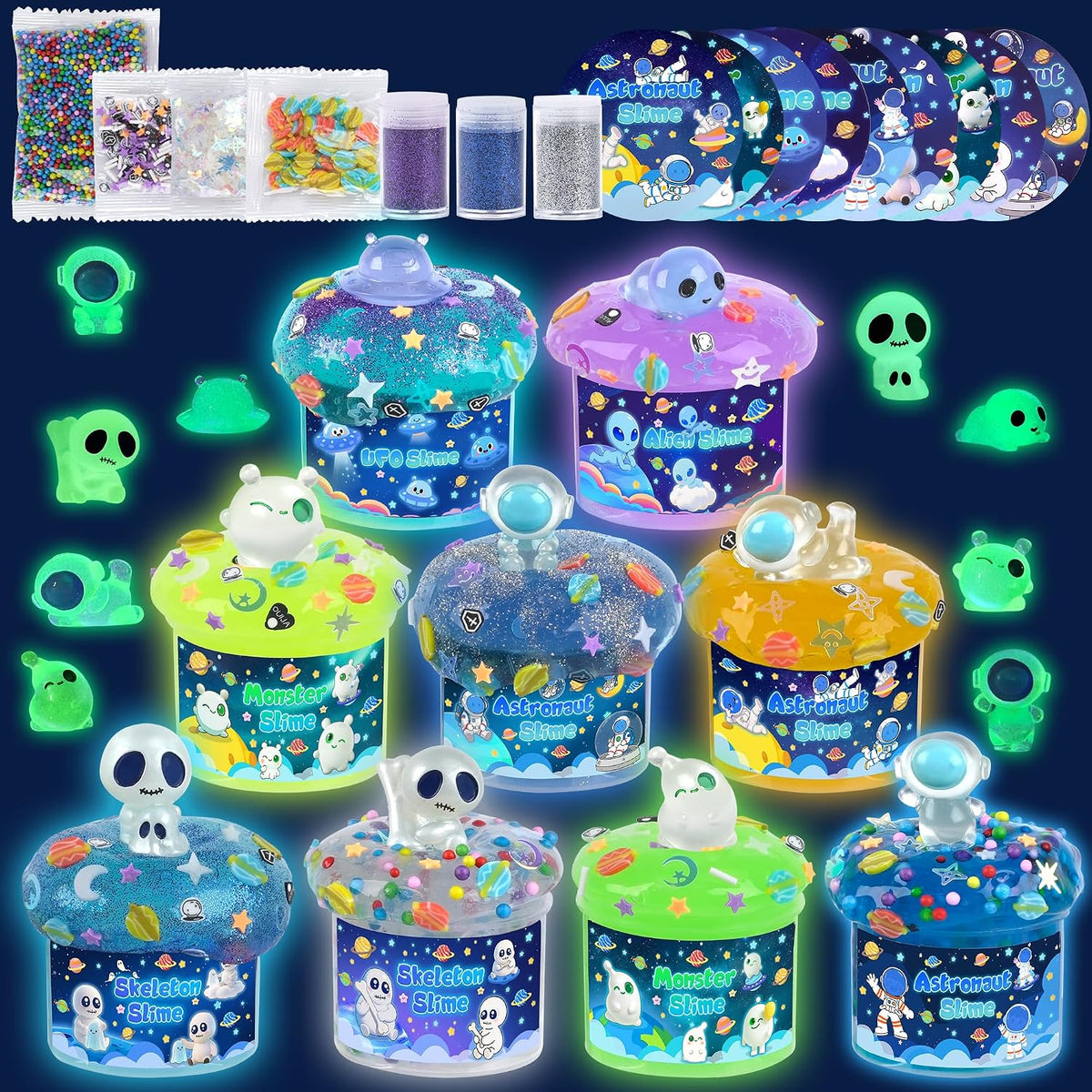 Paquete de 9 unidades de slime Galaxy que brilla en la oscuridad, slime espacial con dijes de astronauta, alienígenas y ovni, juego de limos de bricolaje, juguetes sensoriales, regalos de fiesta para niños