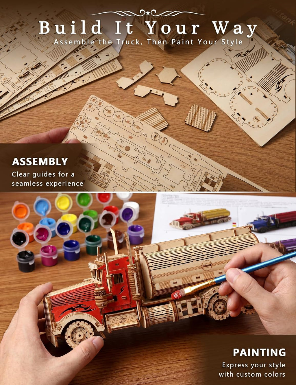 Rompecabezas de madera 3D de camión cisterna – 307 piezas de camión de madera pintable para adultos, kit de manualidades de camión para exhibición en el hogar, regalos para adolescentes a