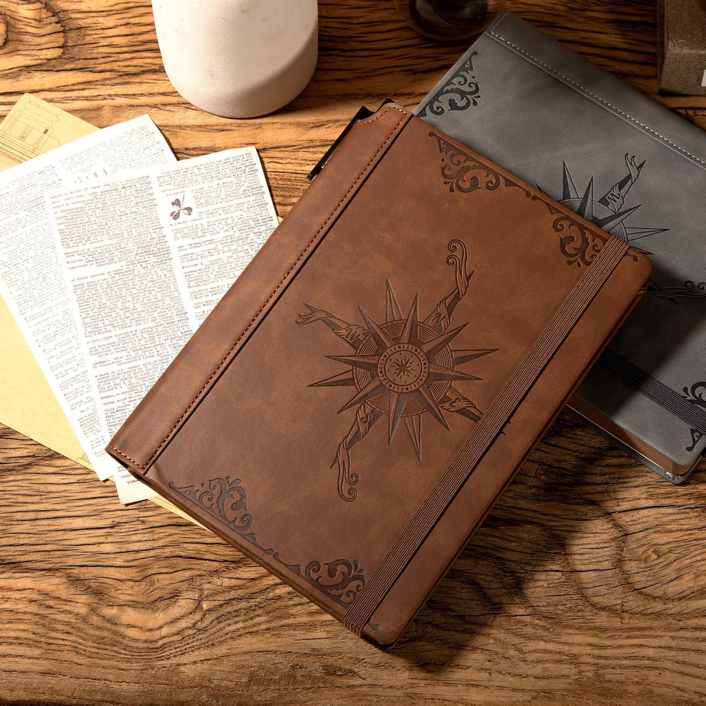 CAGIE Diario de cuero con brújula para hombres y mujeres, cuaderno rayado