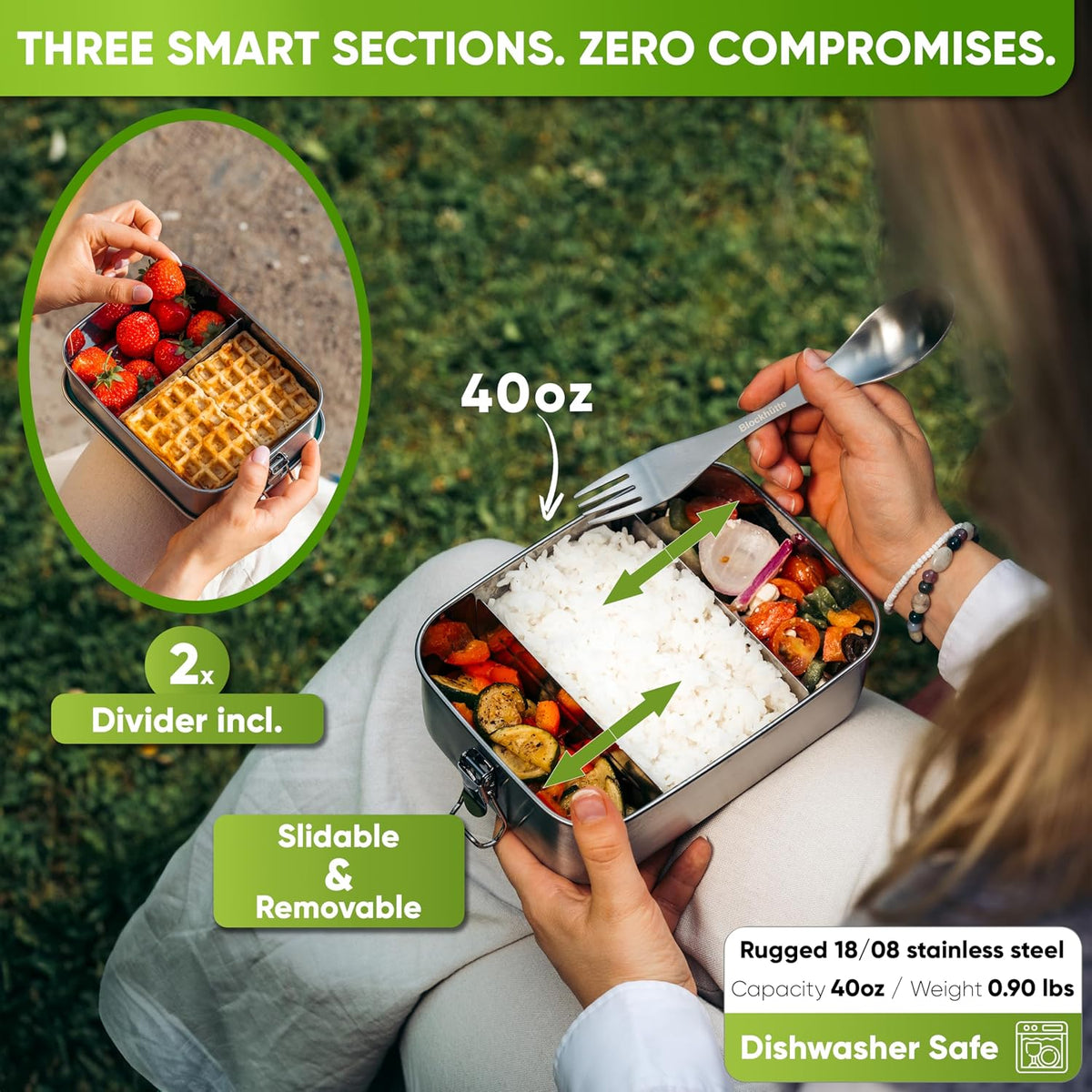 Blockhütte Lonchera de acero inoxidable para adultos I 40 onzas I con sellado gratuito I Caja Bento de metal con 3 compartimentos, contenedor de almuerzo a prueba de fugas, almacenamiento de alimentos