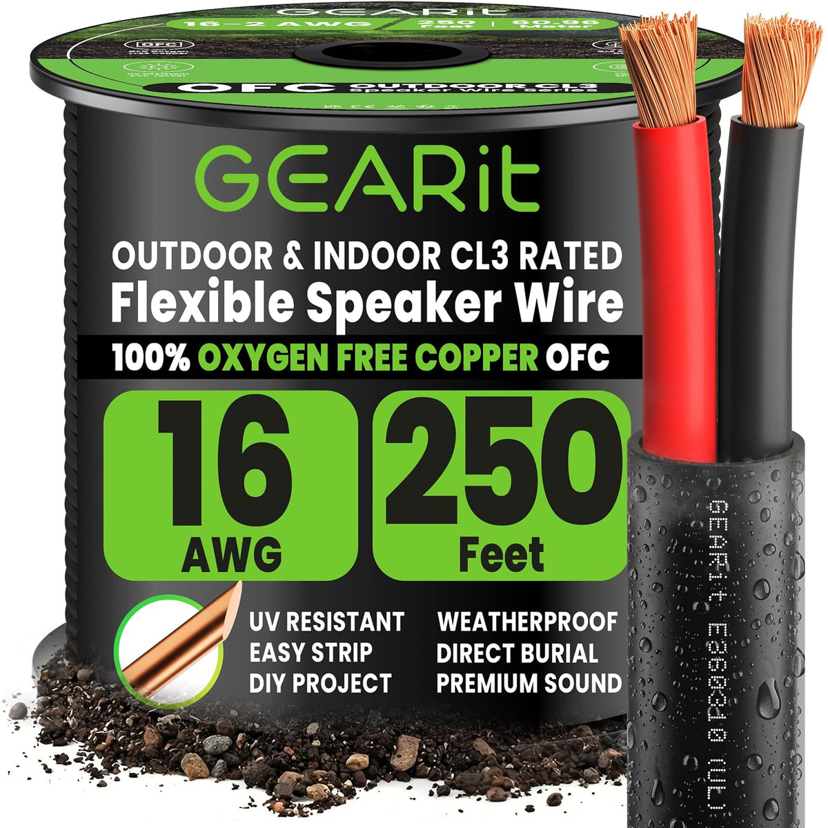 GEARit Cable de altavoz de calibre 16 OFC de 250 pies, cables de altavoz