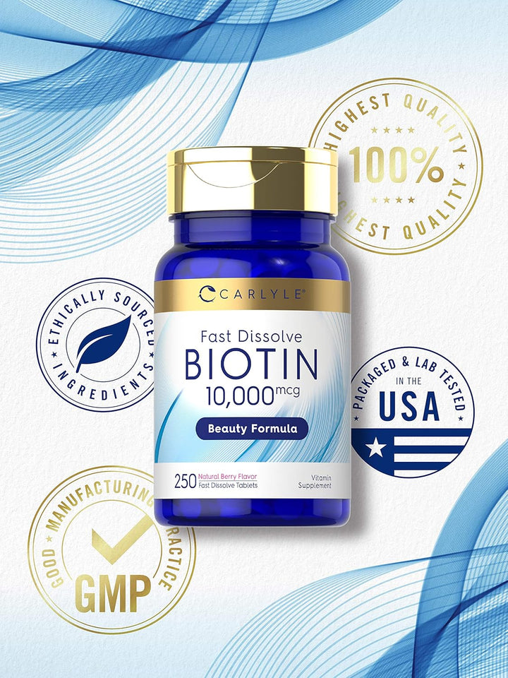 Carlyle Biotin 10000 mcg | 250 tabletas de rápida disolución | Fuer...
