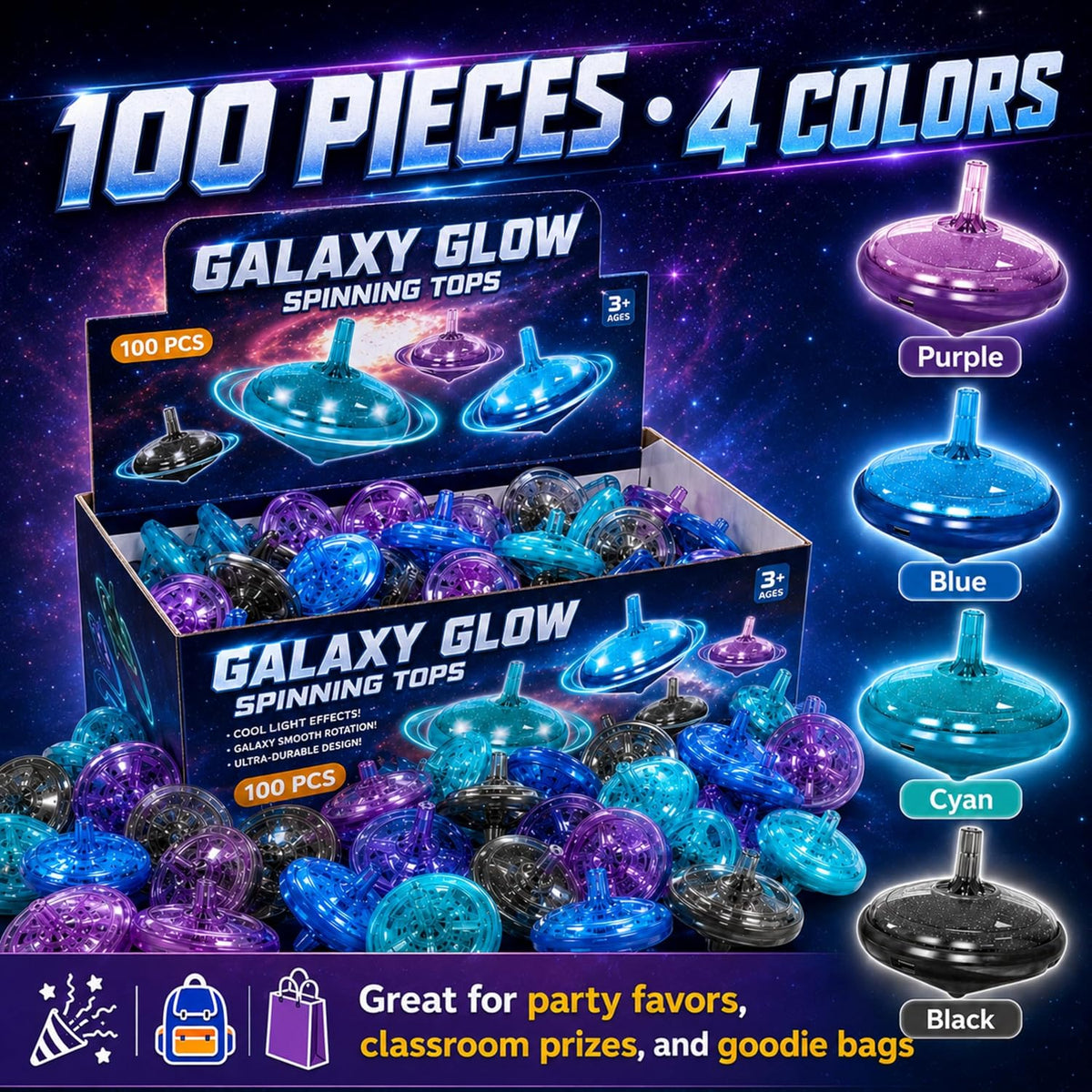 Tops giratorios LED intermitentes para niños, recuerdos de fiesta a granel y premios de aula (Galaxy - 100 piezas)