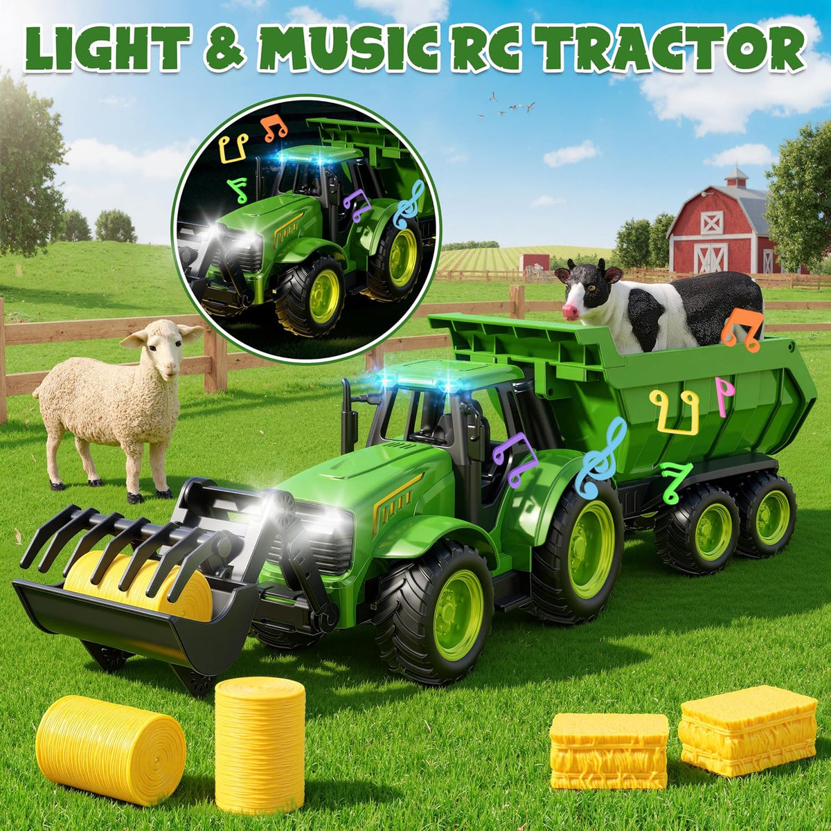 Juego de juguete de tractor de granja RC con cargador, remolque y