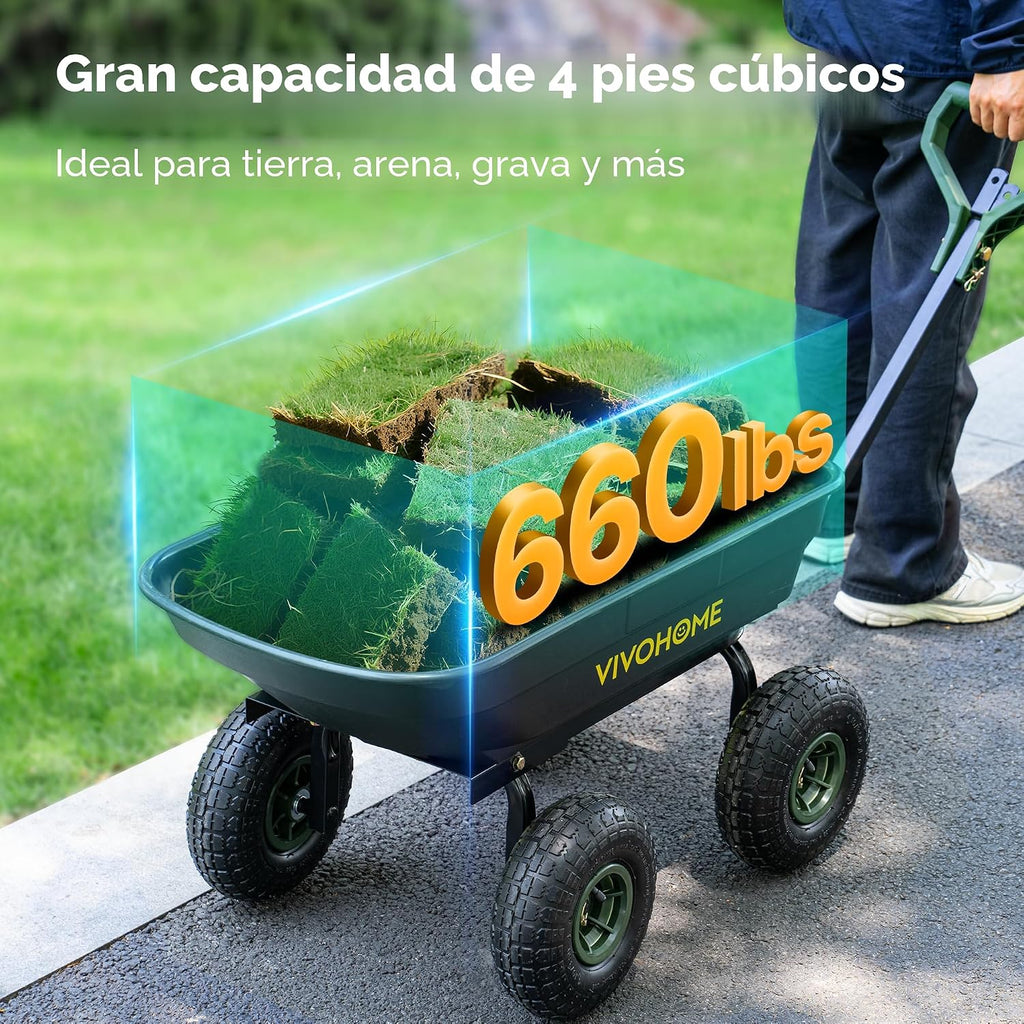 VIVOHOME Carretilla de Jardín Volcador 660 lb con Asa Convertible 2 en 1