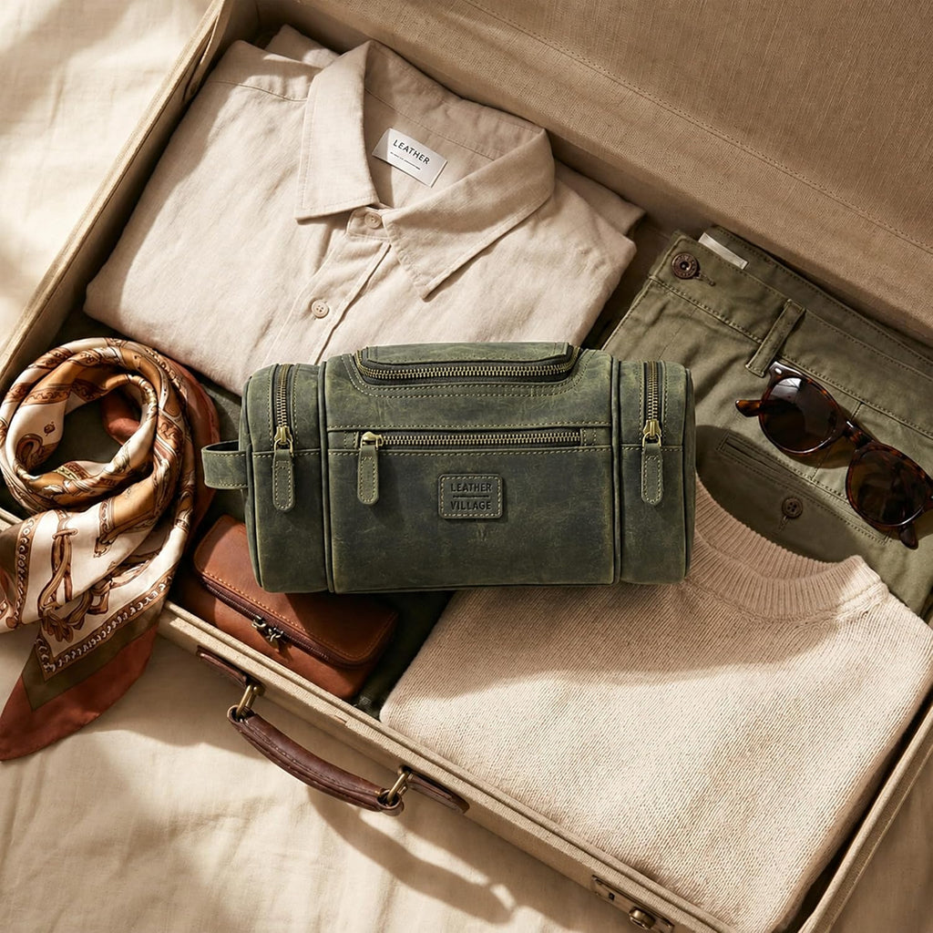 LEATHER VILLAGE Neceser grande de cuero para hombre, kit de Dopp colgante, Oliva, Dop-6
