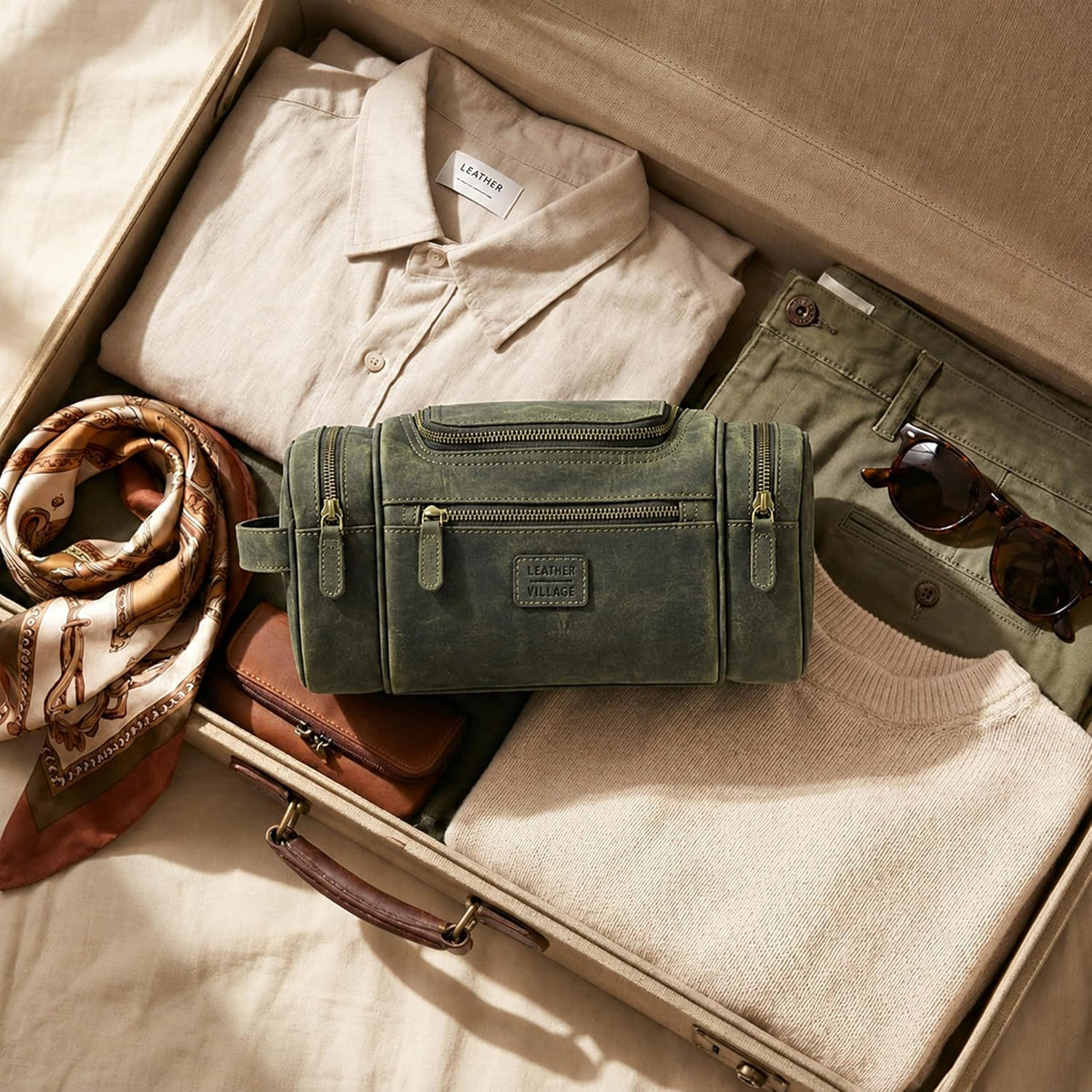 LEATHER VILLAGE Neceser grande de cuero para hombre, kit de Dopp colgante, Oliva, Dop-6
