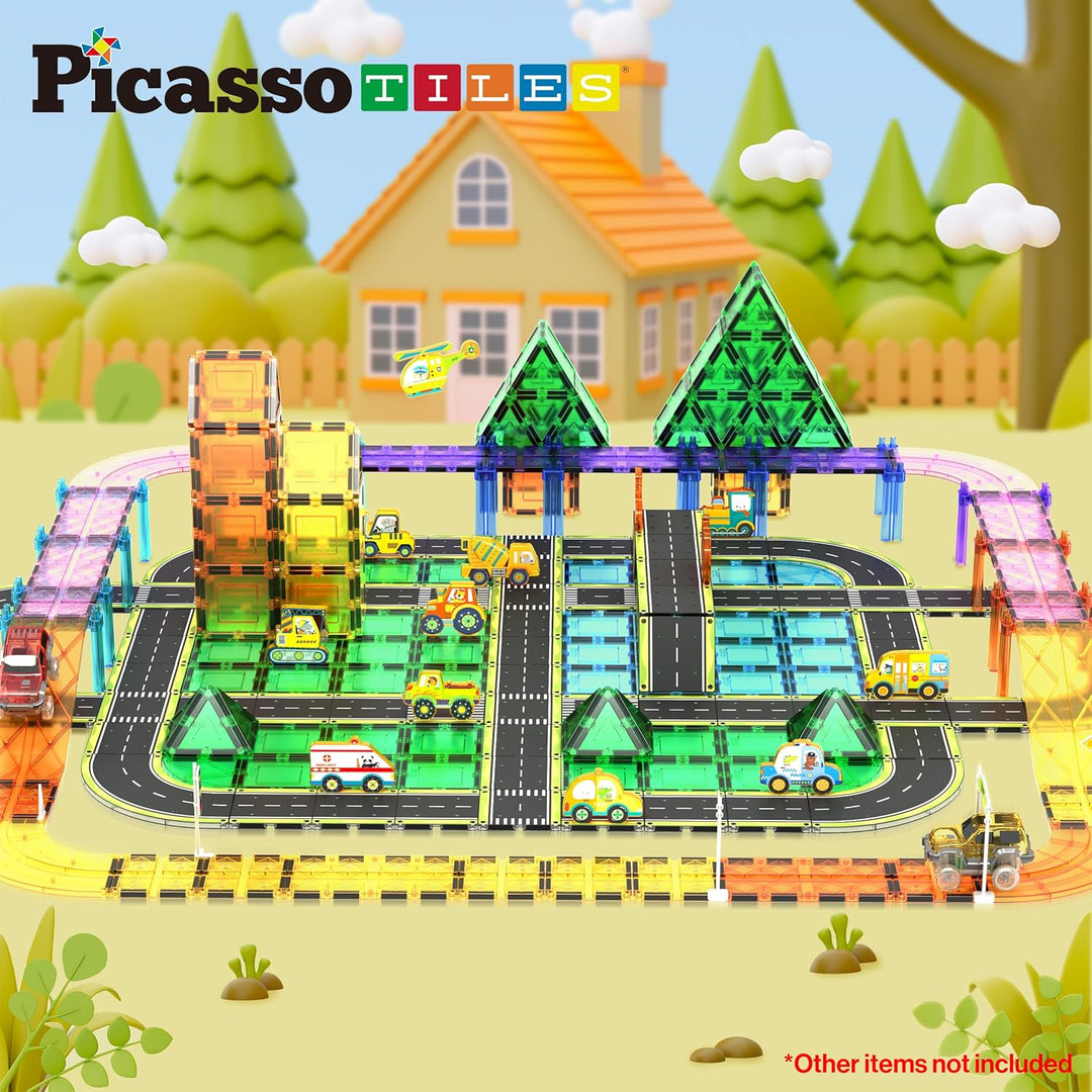PicassoTiles Azulejos Magnéticos de Construcción Pista de Autos Veh...