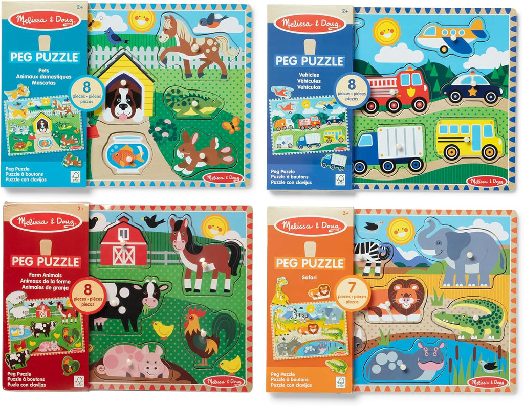 Melissa & Doug Juego de rompecabezas de clavijas de madera, paquete de 4 temas de vehículos, granja, safari y animales de mascotas, rompecabezas educativos para niños pequeños y preescolares a partir de 2 años