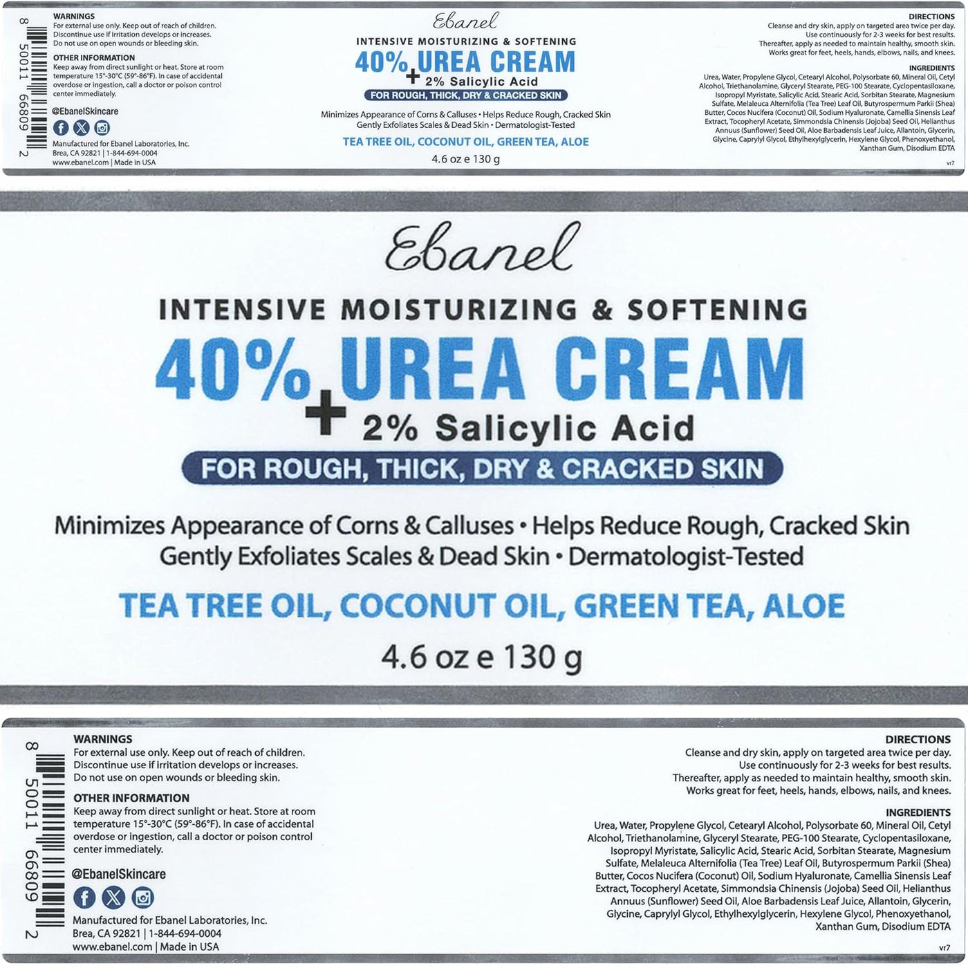 Ebanel Crema de urea 40% más ácido salicílico 2%, crema de pies par...