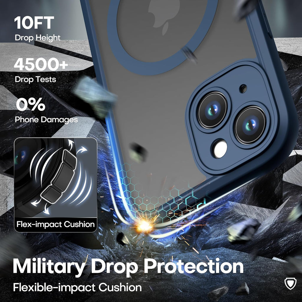 ImpactStrong Protector magnético diseñado para iPhone 15 [protección de cámara] [prueba de caídas de grado militar] [compatible con MagSafe] Funda delgada translúcida mate (6.1 pulgadas), azul marino