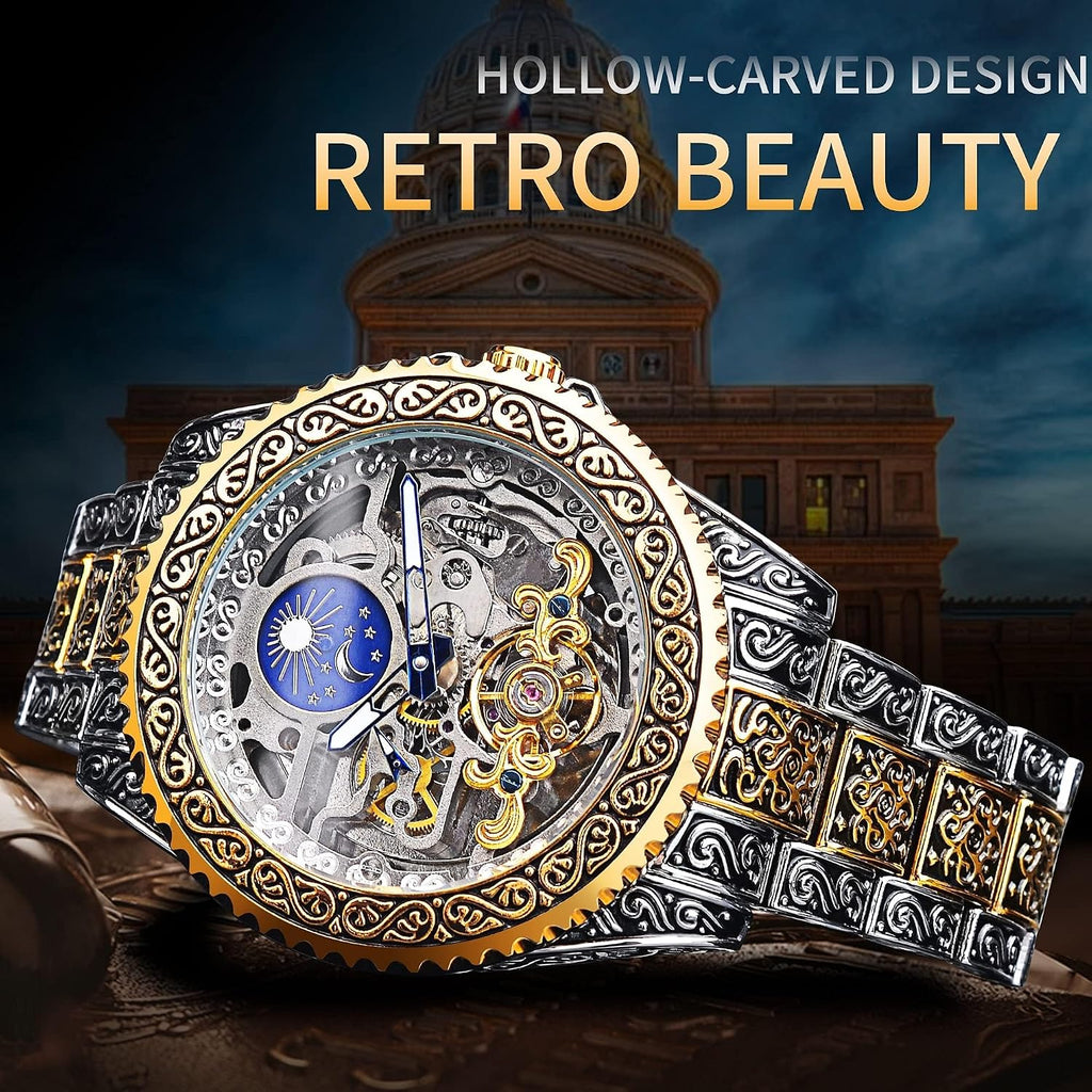 FORSINING Reloj retro para hombre, tallado, automático, mecánico, tatuaje, tourbillon, fase lunar, segundos independientes, esqueleto automático, esfera grande, relojes de pulsera