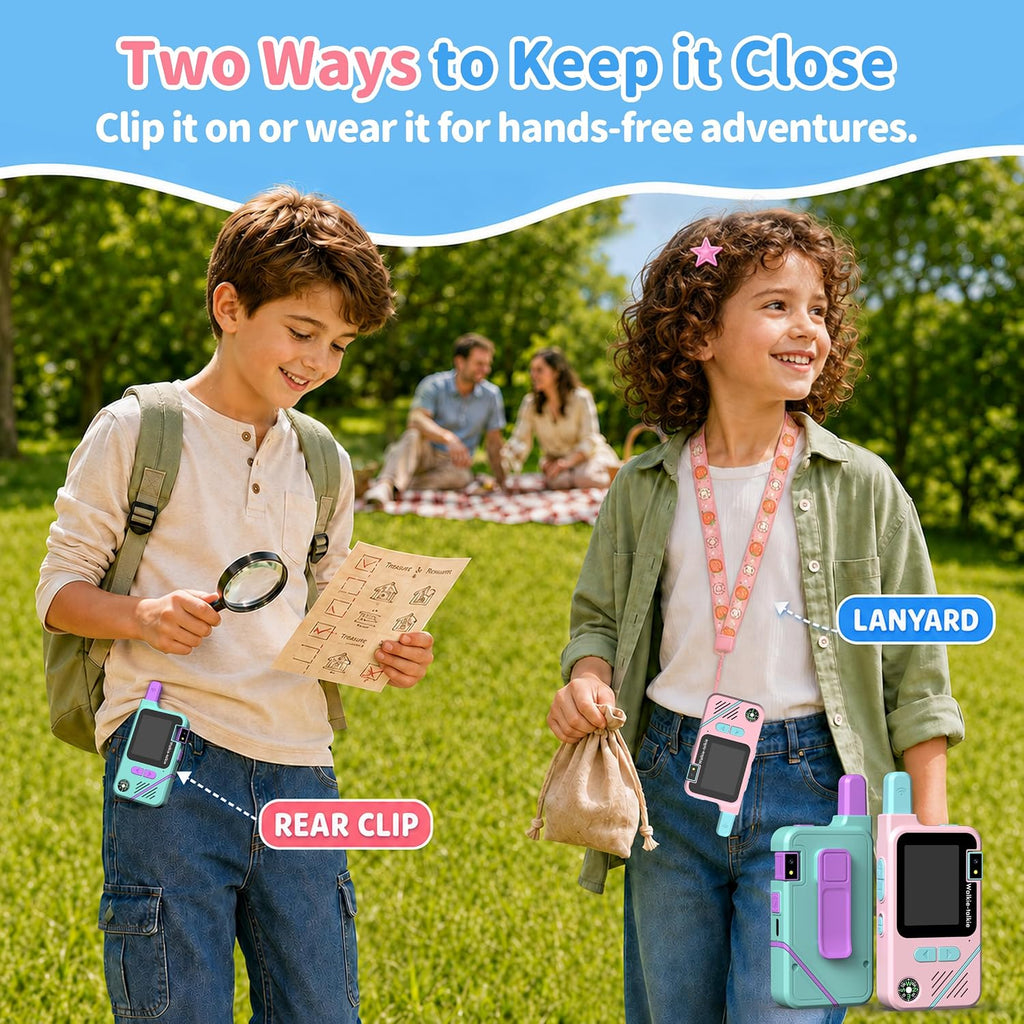 Walkie Talkies de video para niños, paquete de 2 con cámara giratoria de 180°, juguetes de largo alcance, recargable, clip y cordón, regalos de cumpleaños para niños y niñas de 3 a 12 años, interiores