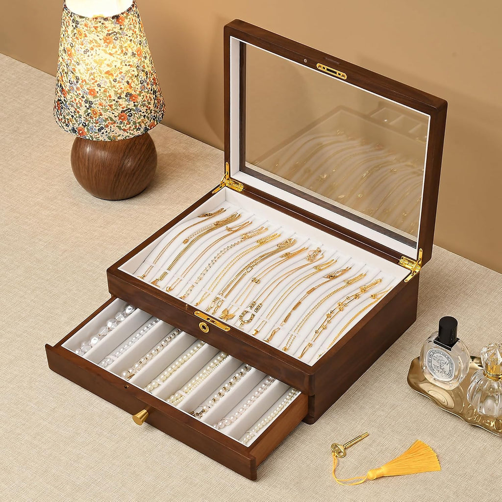 Caja de collar con cerradura de nogal negro, caja organizadora de joyas de
