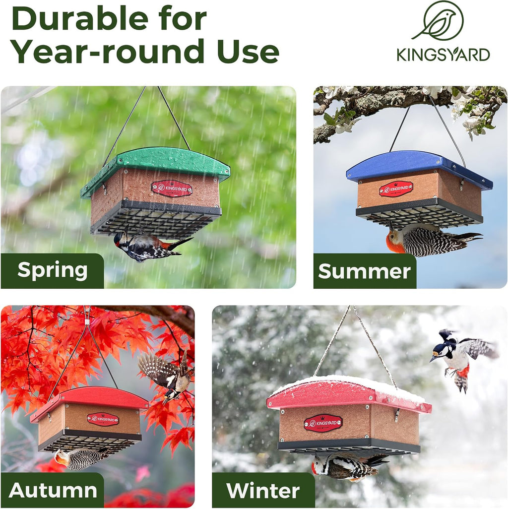 Kingsyard comedero de sebo doble al revés mejorado con techo resistente a la intemperie de metal, borde de metal a prueba de ardillas, comederos de sebo para colgar al aire libre, excelente para