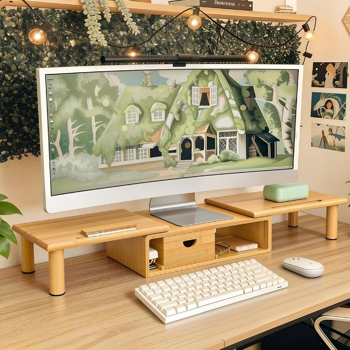 Soporte elevador de monitor dual con cajón para escritorio, estante para portátil con longitud y ángulo ajustables, soporte de bambú para computadora para 2 o 3 monitores, pantalla para