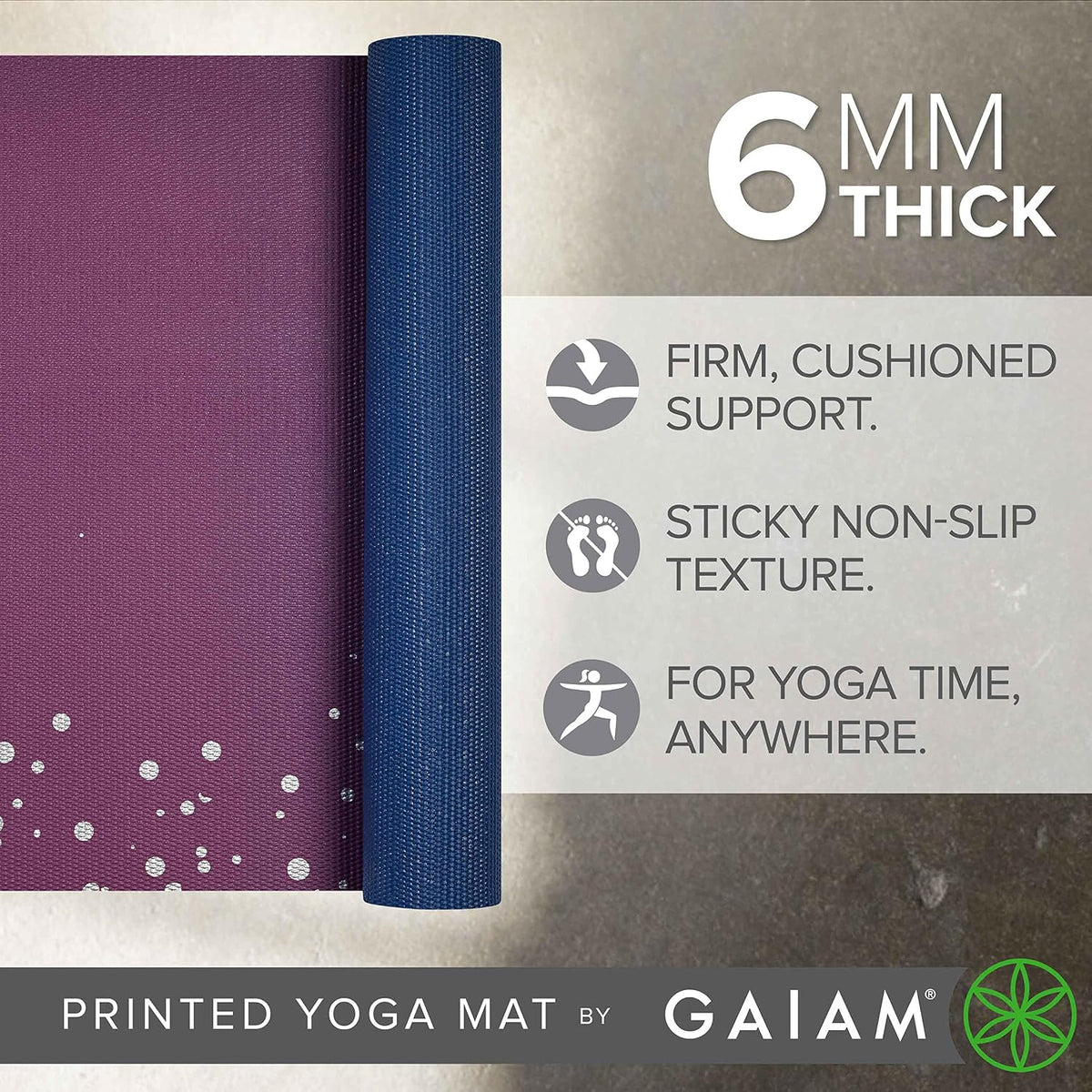 Gaiam - Alfombrilla de yoga, 6 mm, extra gruesa, antideslizante, de primera calidad, para todo tipo de yoga, pilates y ejercicios en el suelo (68 pulgadas de largo x 24 pulgadas de ancho x 6 mm de