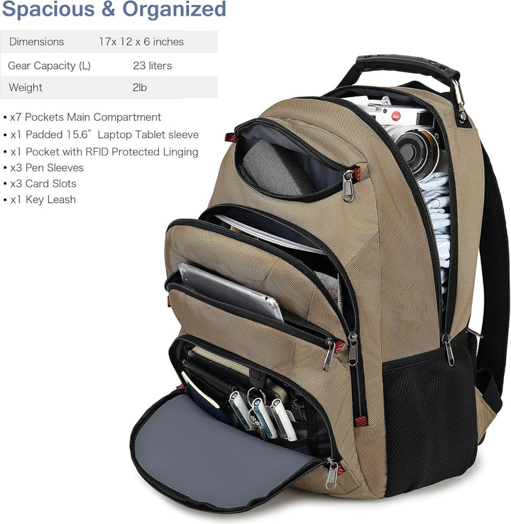 Mochila para laptop Boavan para hombre (Negro, 15.6), Caqui, Elegante