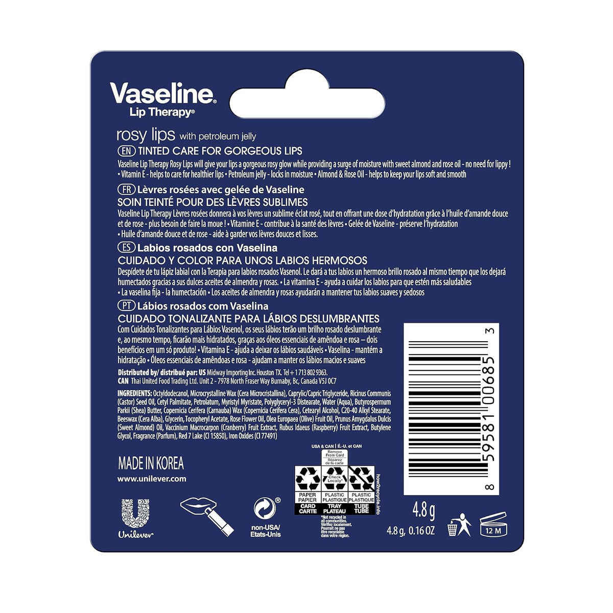 Vaseline Terapia Labial Rosy, Nutrición de Acción Rápida, Ideal par...