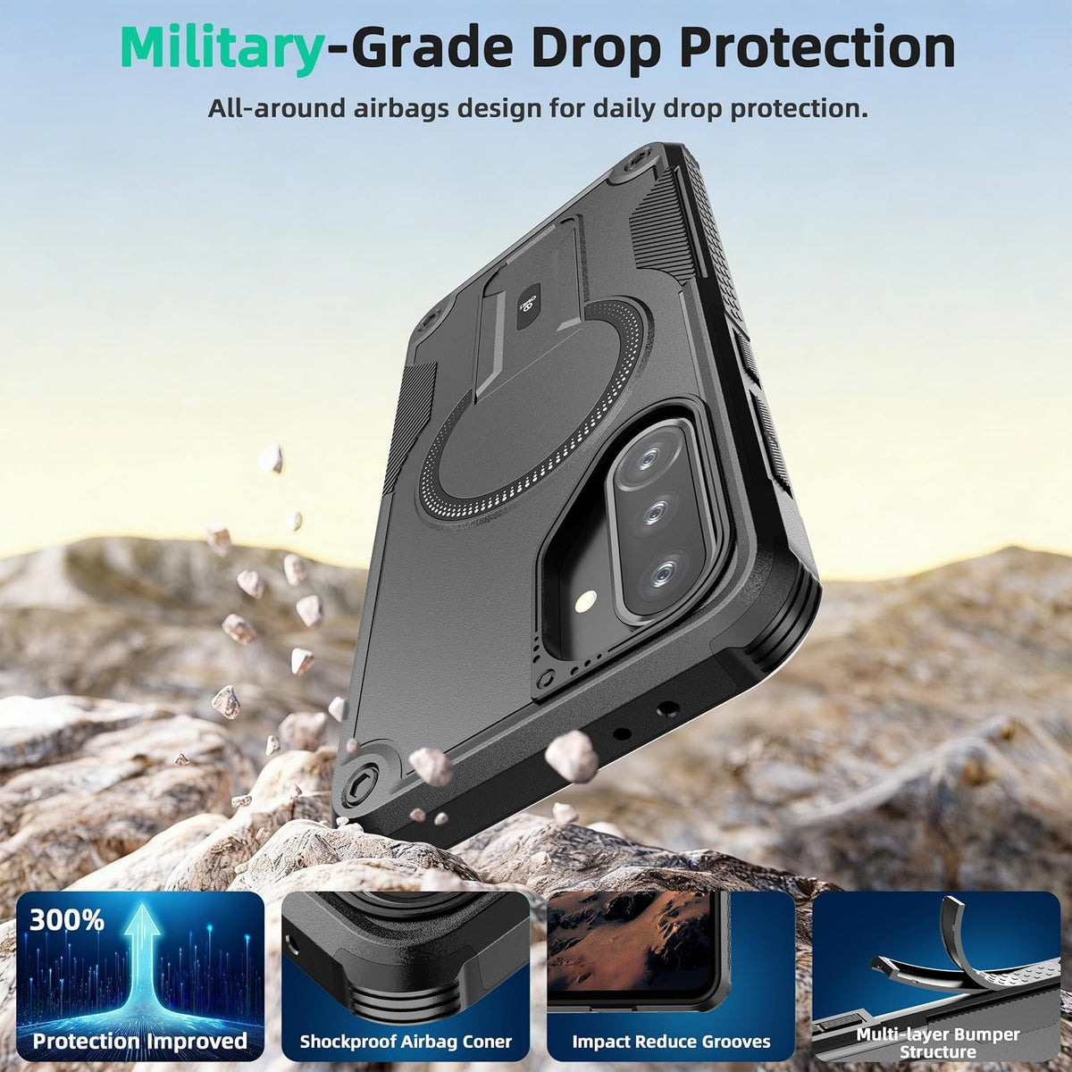 ONES Funda para Samsung Galaxy A56 5G / A36 5G, grado MIL, a prueba de caídas, doble capa a prueba de golpes, bolsa de aire de esquina, soporte de anillo integrado, compatible con carcasa